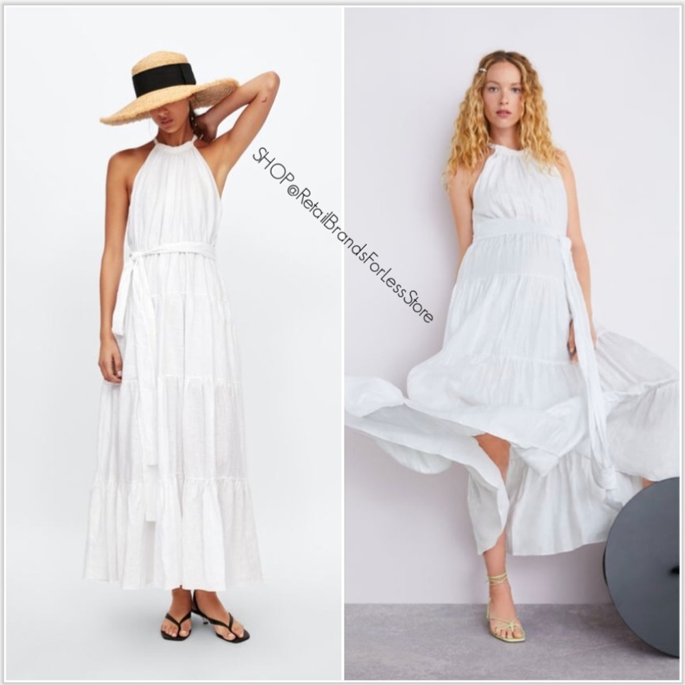 ZARA WHITE 100% LINEN HALTER BELTED FULLY LINED MAXI DRESS